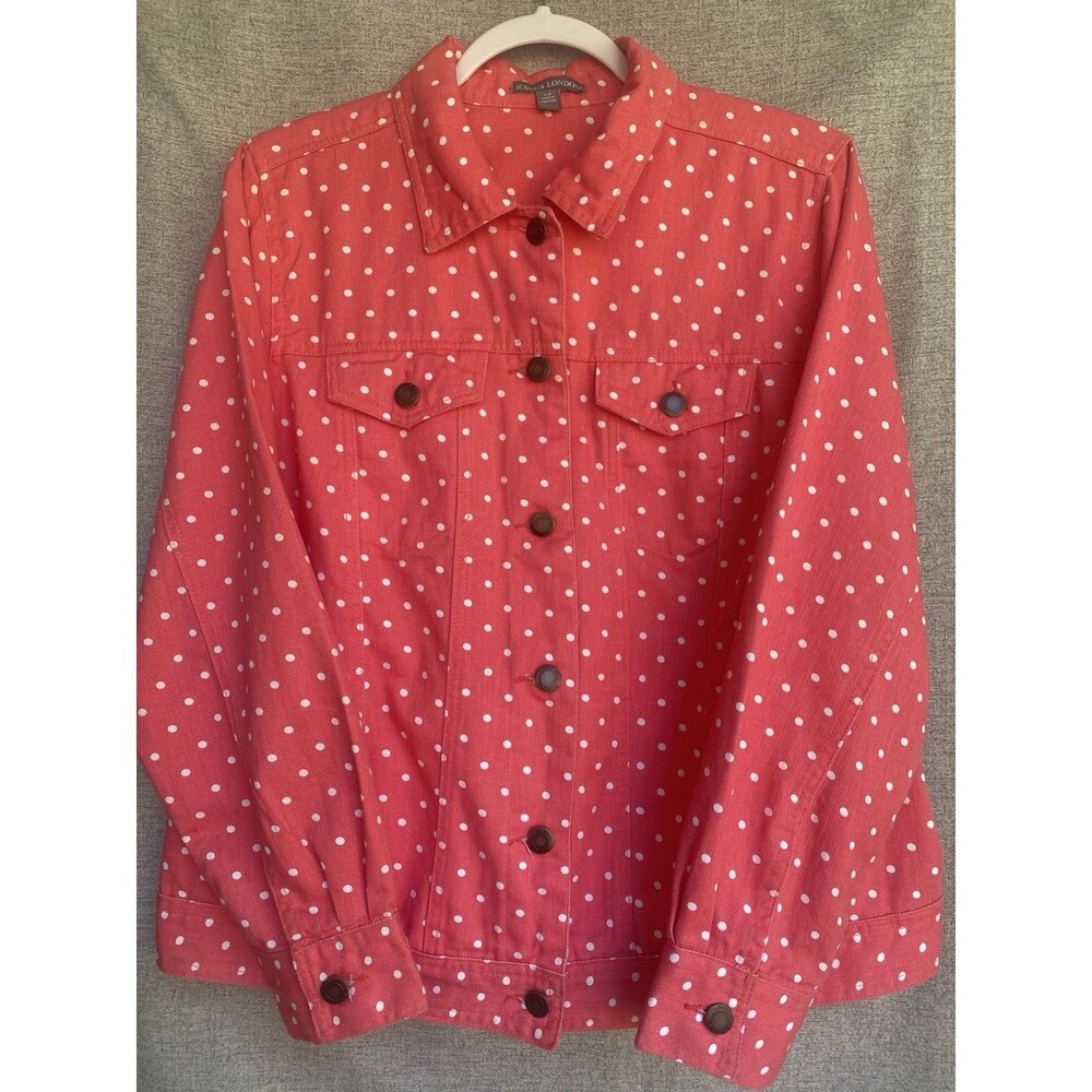 Jessica London Women's Plus Size 16W Classic Cotton Denim Jacket Pink Polka Dot